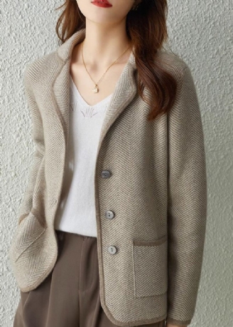 Diy Camel Notched Stripet Patchwork Button Strikke Coats Fall