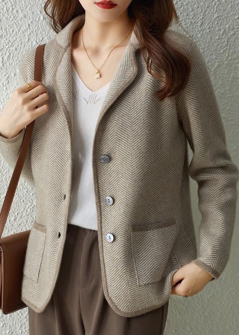 Diy Camel Notched Stripet Patchwork Button Strikke Coats Fall - Vinterfrakker for kvinner