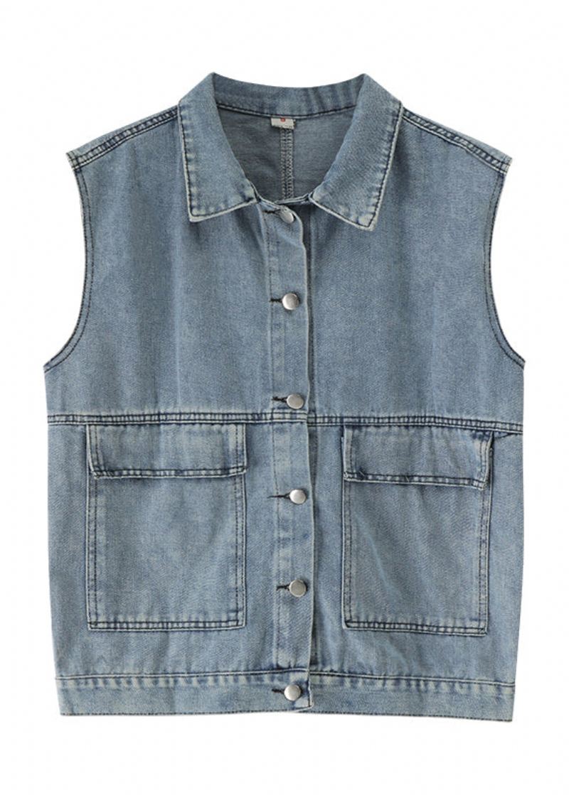 Diy Denim Blå Peter Pan Kragelommer Patchwork Vest Ermeløs - Vinterfrakker for kvinner