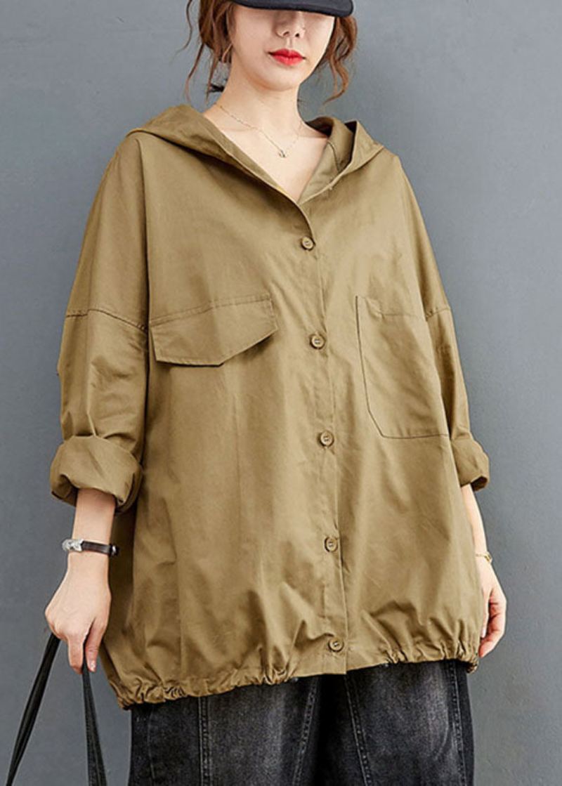 Diy Khaki Button Lommer Loose Fall Langermet Frakk - Vinterfrakker for kvinner