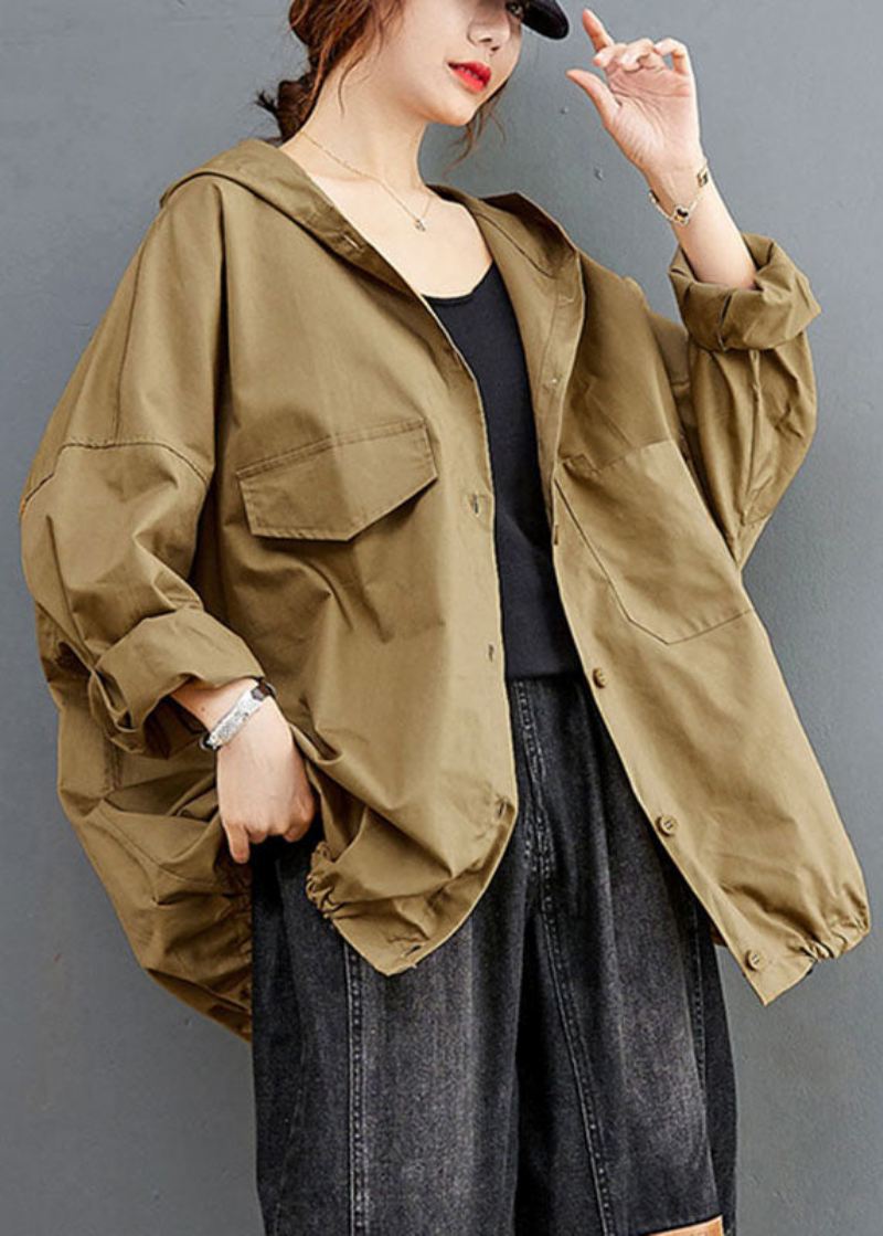 Diy Khaki Button Lommer Loose Fall Langermet Frakk - Vinterfrakker for kvinner