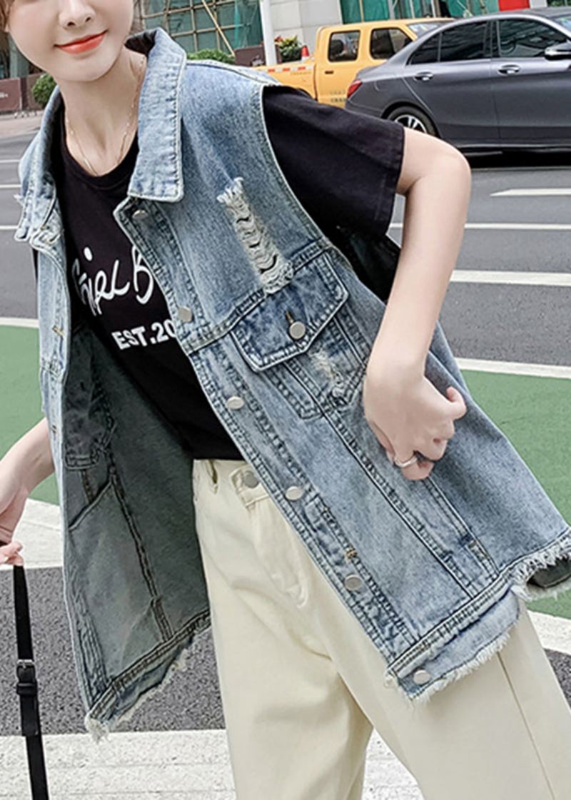 Diy Lyseblå Peter Pan Krage Denim Vest Ermeløs