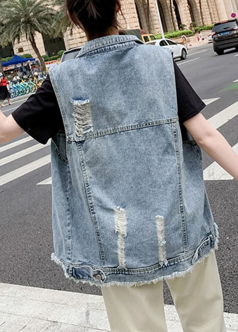 Diy Lyseblå Peter Pan Krage Denim Vest Ermeløs - Lyseblå