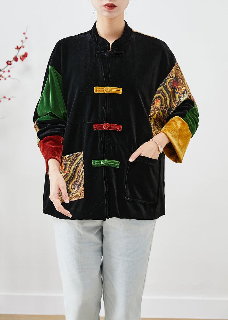 Diy Svart Oversized Patchwork Kinesisk Button Silke Velour Coat Fall - Vinterfrakker for kvinner