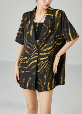 Diy Svarte Hakk Oversized Print Bomull Frakk Kort Ermet