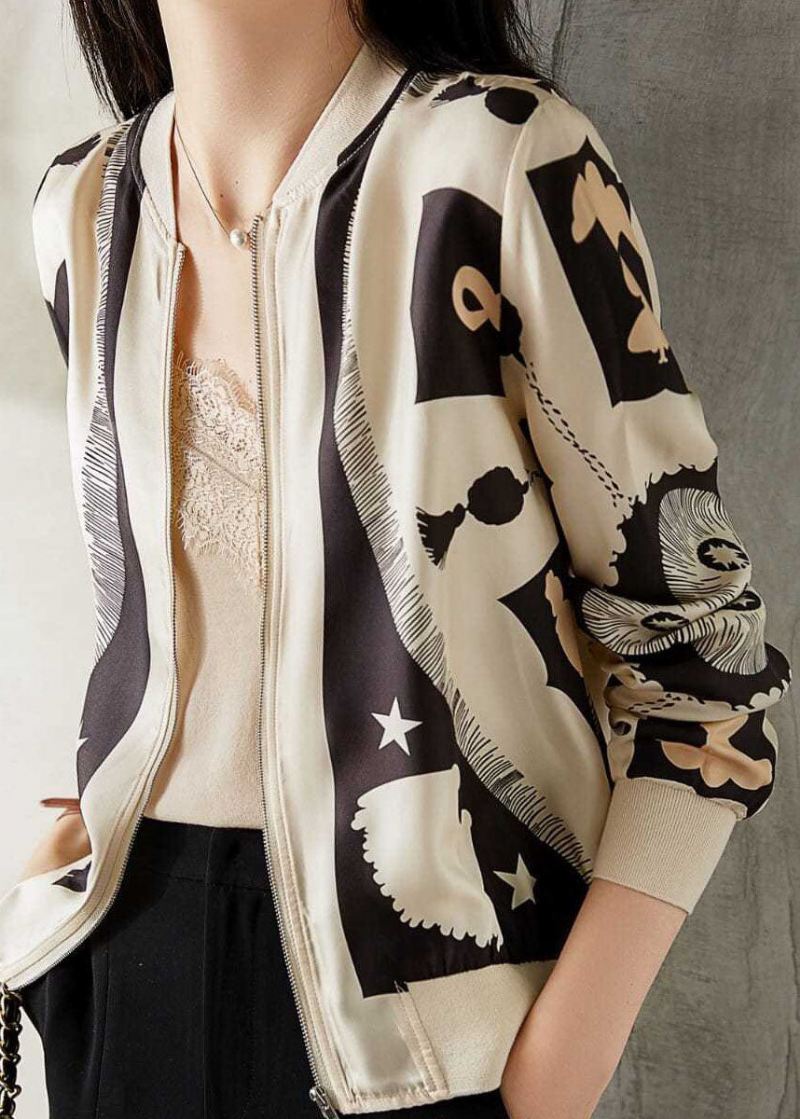 Elegant Beige V-hals Glidelås Patchwork Print Silk Coat Spring