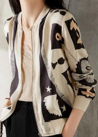 Elegant Beige V-hals Glidelås Patchwork Print Silk Coat Spring