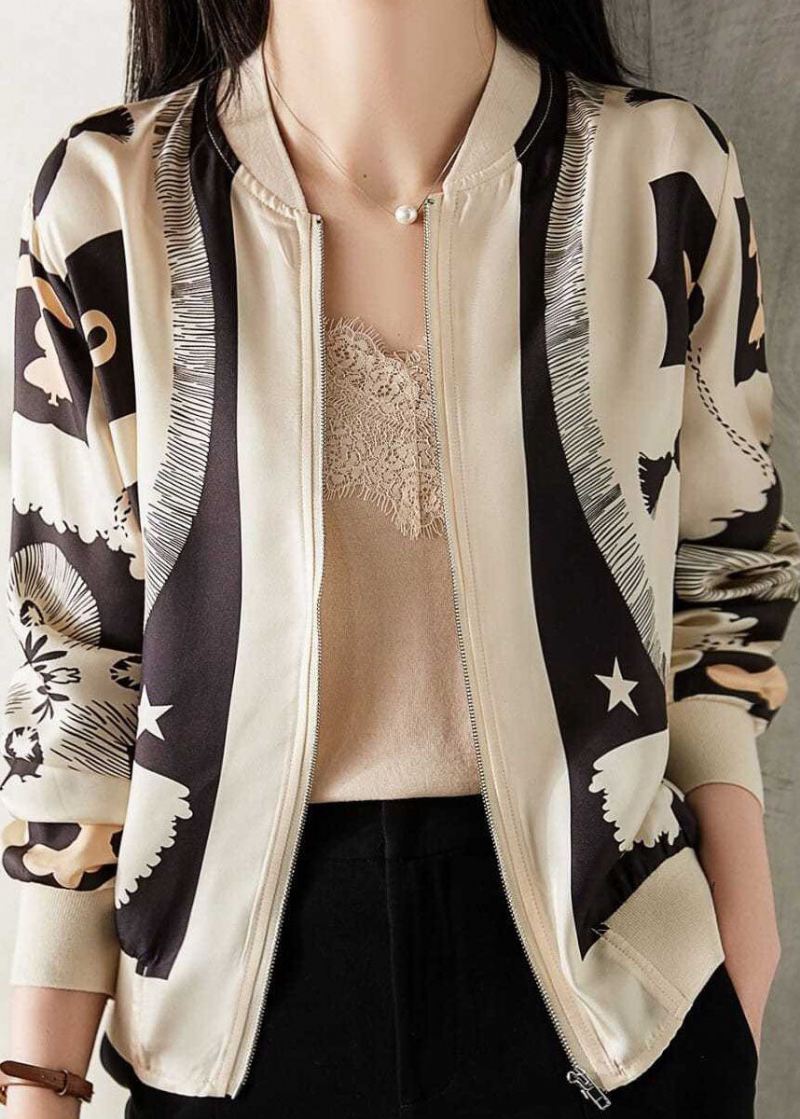 Elegant Beige V-hals Glidelås Patchwork Print Silk Coat Spring - Vinterfrakker for kvinner