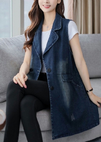 Elegant Blå Hakk Lappeteppeknapp Denim Vest