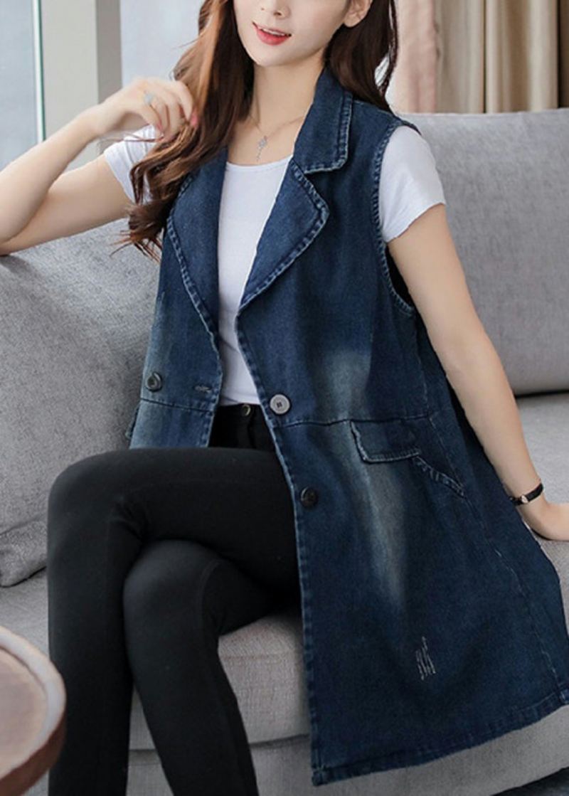 Elegant Blå Hakk Lappeteppeknapp Denim Vest - Vinterfrakker for kvinner