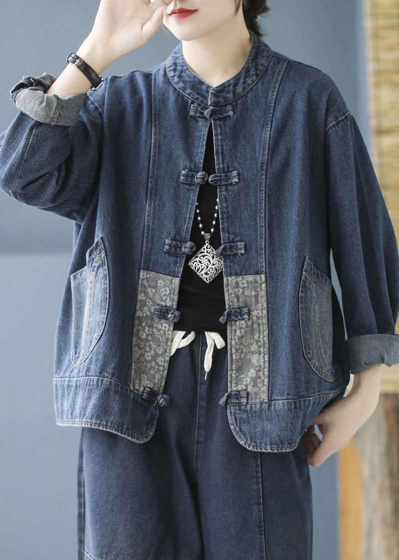 Elegant Blå Lommer Button Patchwork Fall Denim Langermet Kåpe