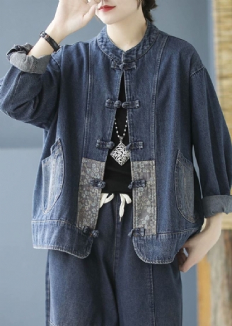 Elegant Blå Lommer Button Patchwork Fall Denim Langermet Kåpe