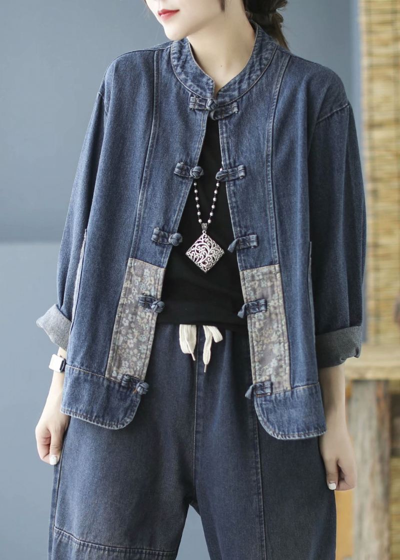 Elegant Blå Lommer Button Patchwork Fall Denim Langermet Kåpe - Blå