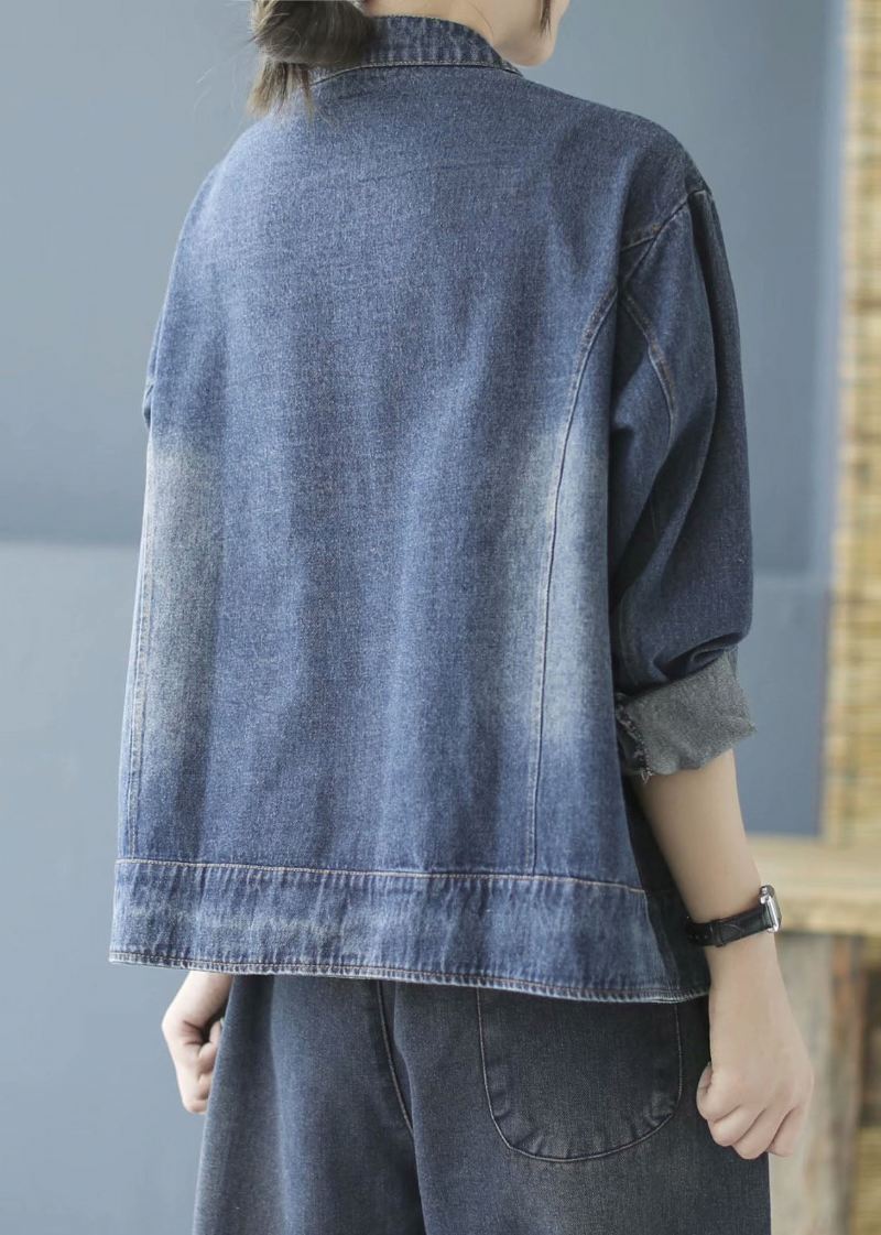 Elegant Blå Lommer Button Patchwork Fall Denim Langermet Kåpe - Blå