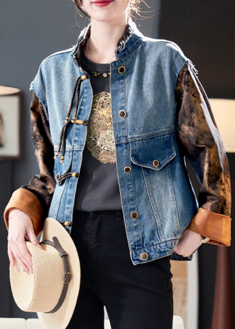 Elegant Blått Knappetrykk Patchwork Denim Coat Spring - Vinterfrakker for kvinner