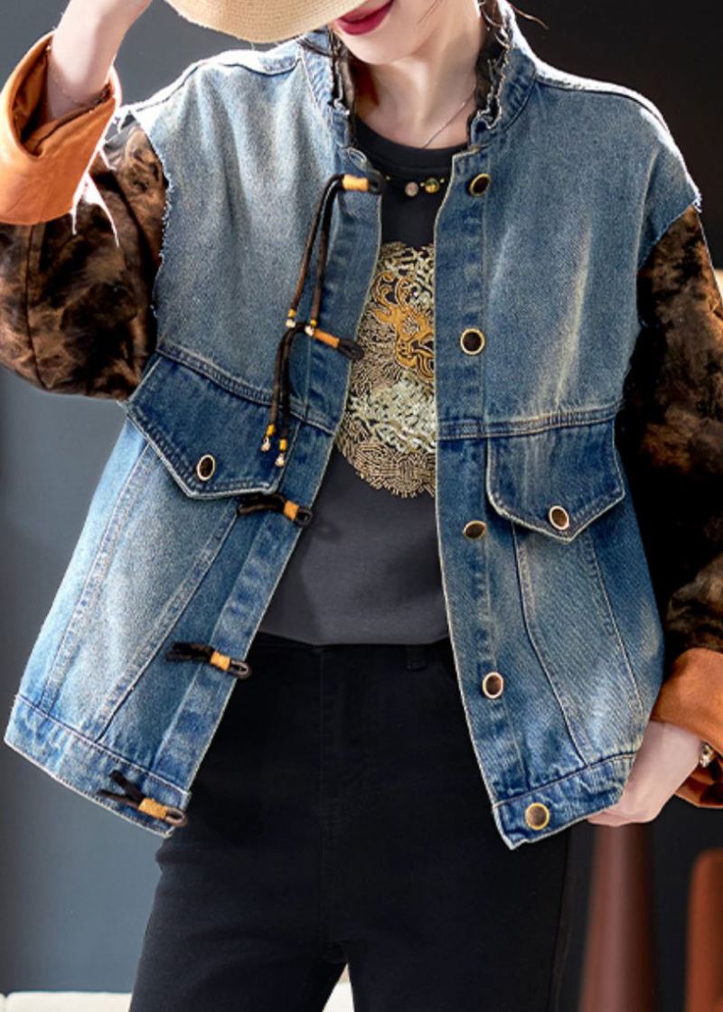 Elegant Blått Knappetrykk Patchwork Denim Coat Spring - Vinterfrakker for kvinner