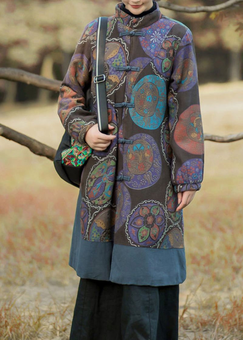 Elegant Blomsterfarge Stativ Krage Lommer Print Cotton Coats Langermet - Blomsterfarge