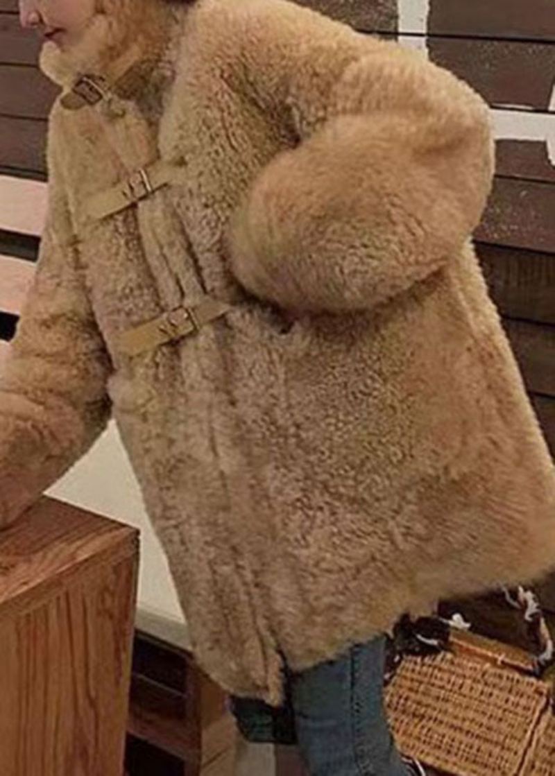 Elegant Camel Spenne Strap Patchwork Faux Fur Jacket Vinter - Vinterfrakker for kvinner