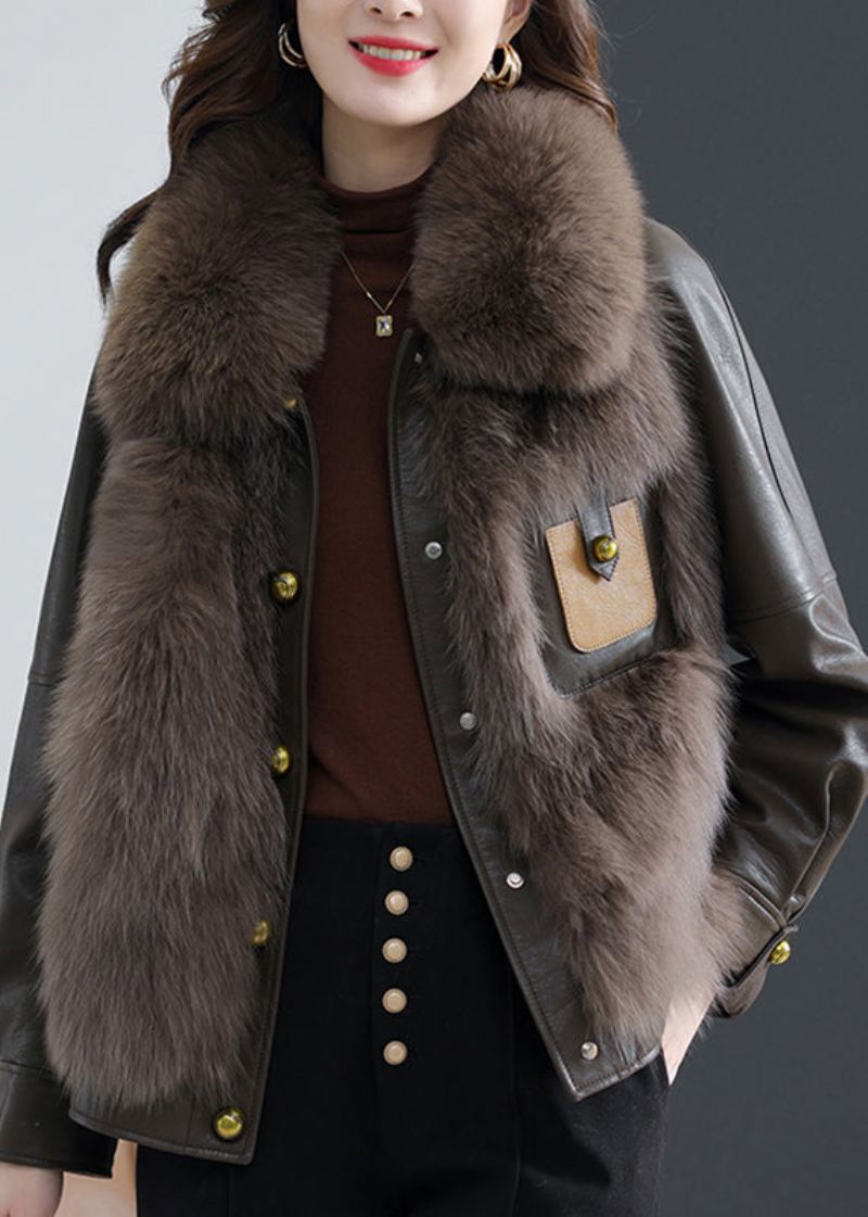 Elegant Fox Collar Button Saueskinn Coat Fall