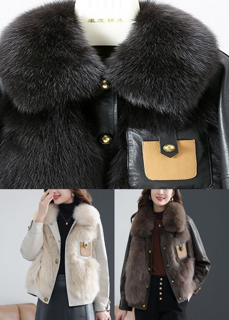 Elegant Fox Collar Button Saueskinn Coat Fall - Vinterfrakker for kvinner