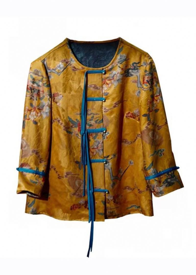 Elegant Gold Print Button Silk Coats Armbånd Sleeve - Vinterfrakker for kvinner