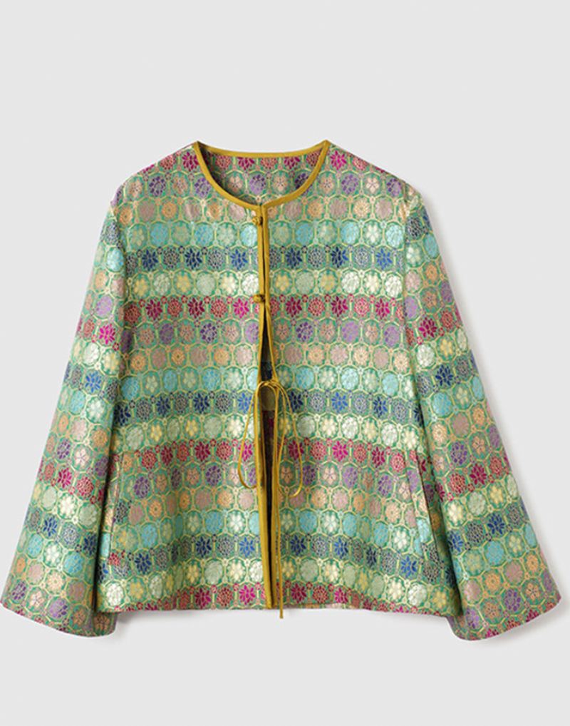 Elegant Grønn O-hals Print Button Silk Coat Langermet - Vinterfrakker for kvinner