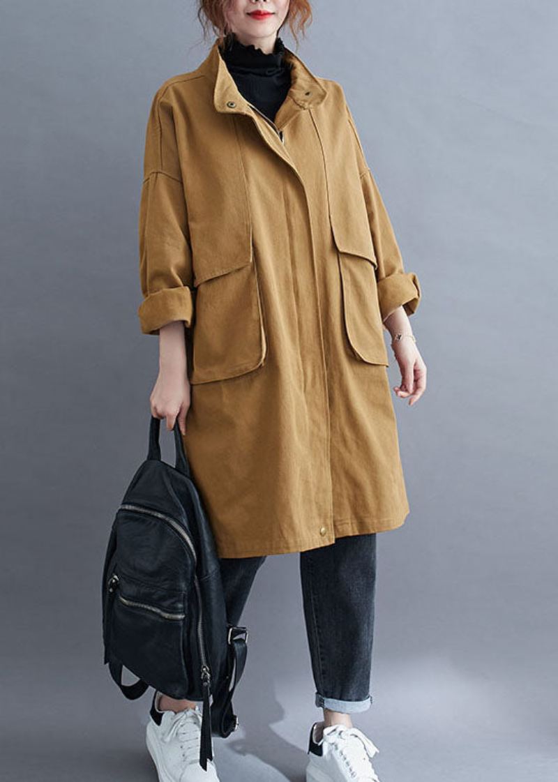 Elegant Khaki Zip Up Lommer Cotton Spring Coat - Vinterfrakker for kvinner