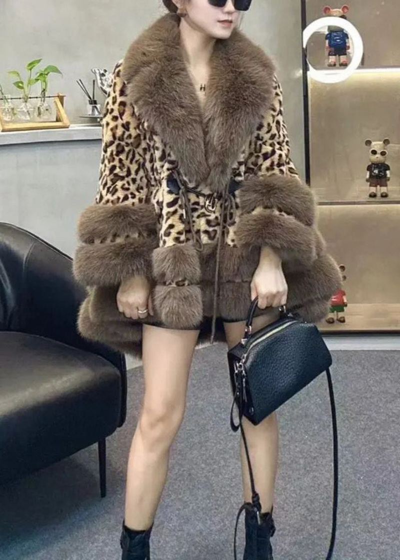 Elegant Leopardpelskrage Snøring Patchwork Faux Leather Coats Vinter