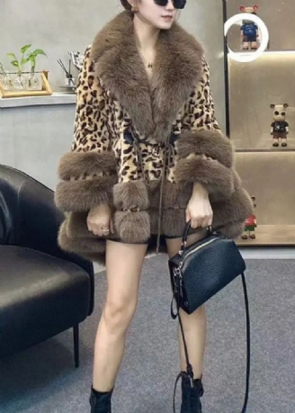 Elegant Leopardpelskrage Snøring Patchwork Faux Leather Coats Vinter