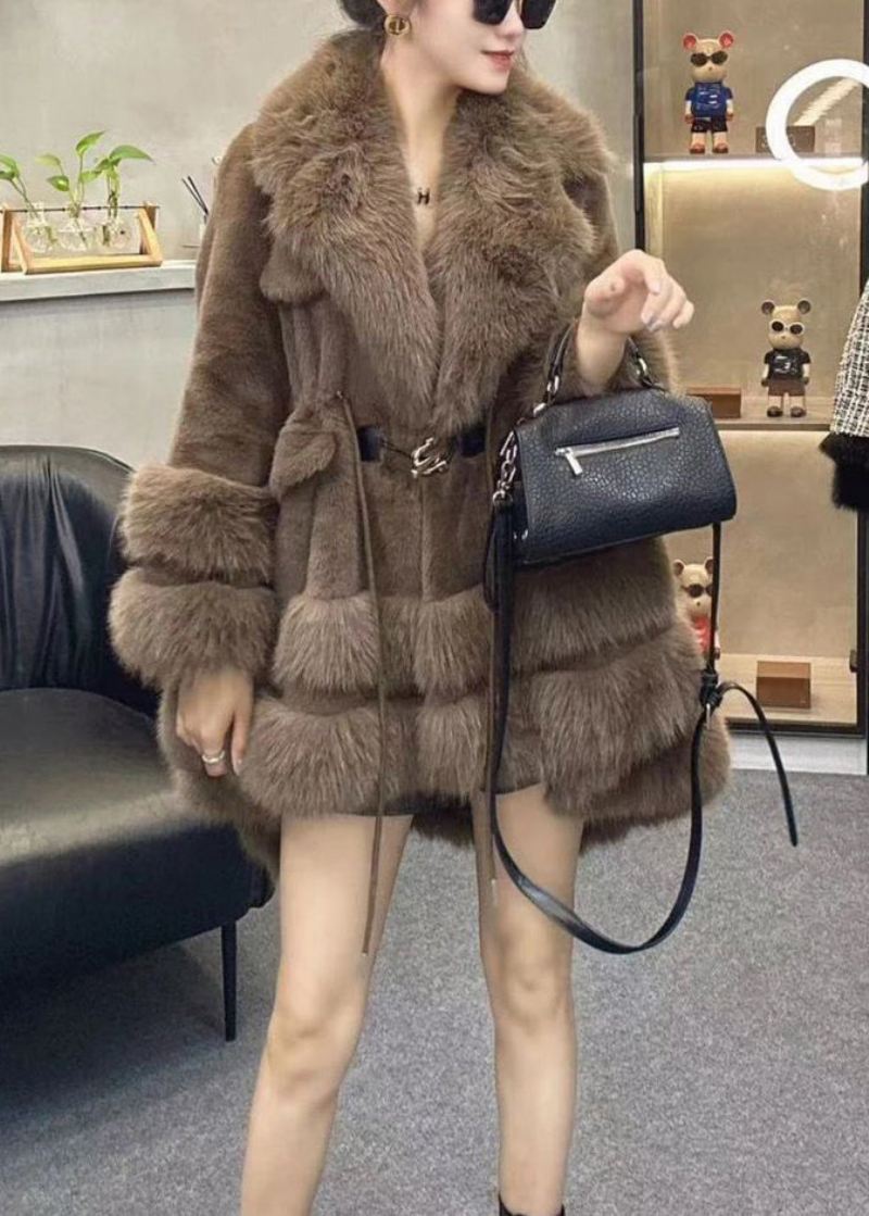 Elegant Leopardpelskrage Snøring Patchwork Faux Leather Coats Vinter - Vinterfrakker for kvinner