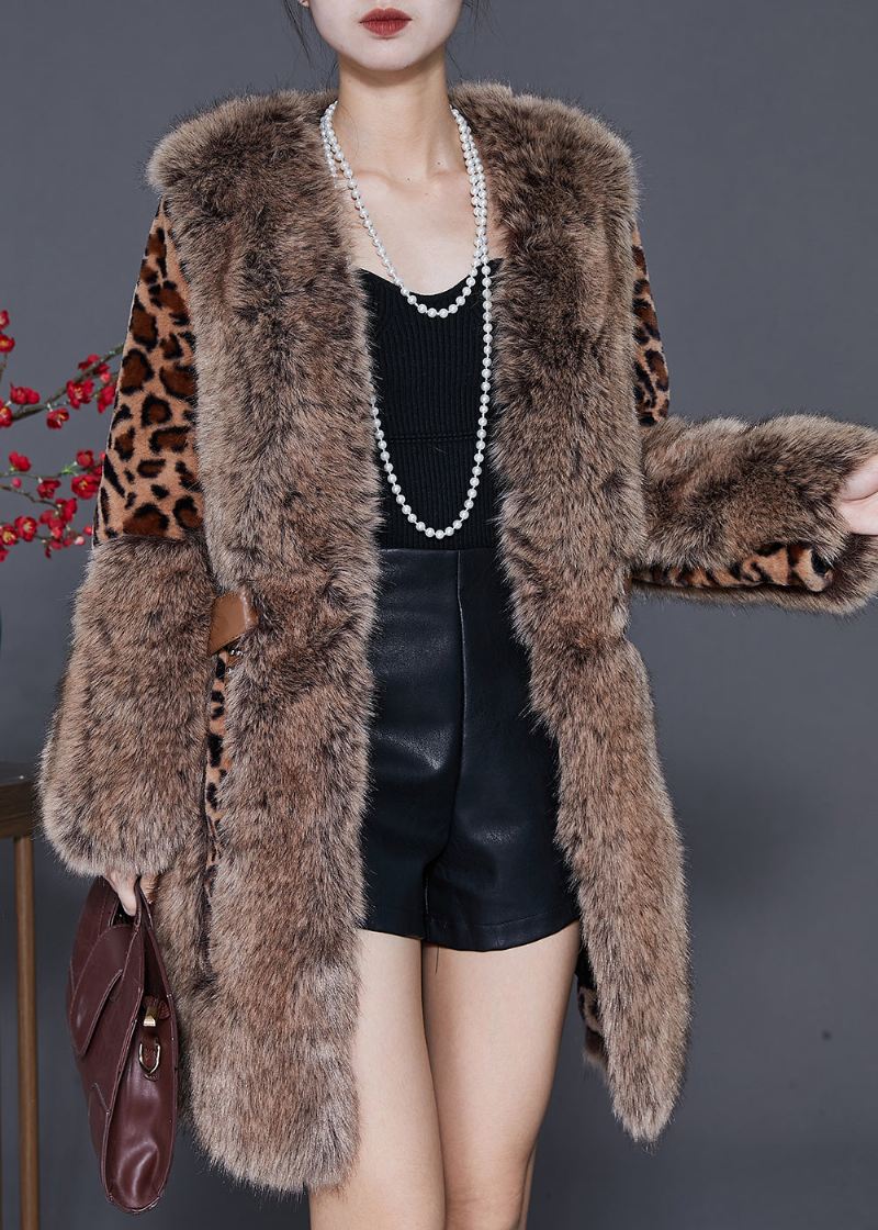 Elegant Pelskrage Patchwork Leopard Mink Velvet Coat Vinter