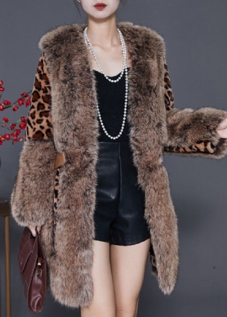 Elegant Pelskrage Patchwork Leopard Mink Velvet Coat Vinter