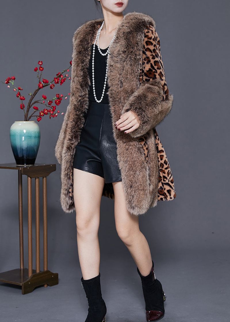 Elegant Pelskrage Patchwork Leopard Mink Velvet Coat Vinter - Vinterfrakker for kvinner