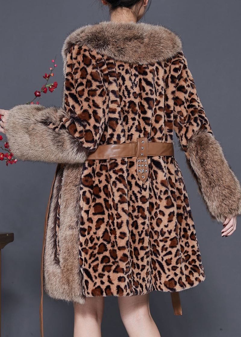 Elegant Pelskrage Patchwork Leopard Mink Velvet Coat Vinter - Vinterfrakker for kvinner