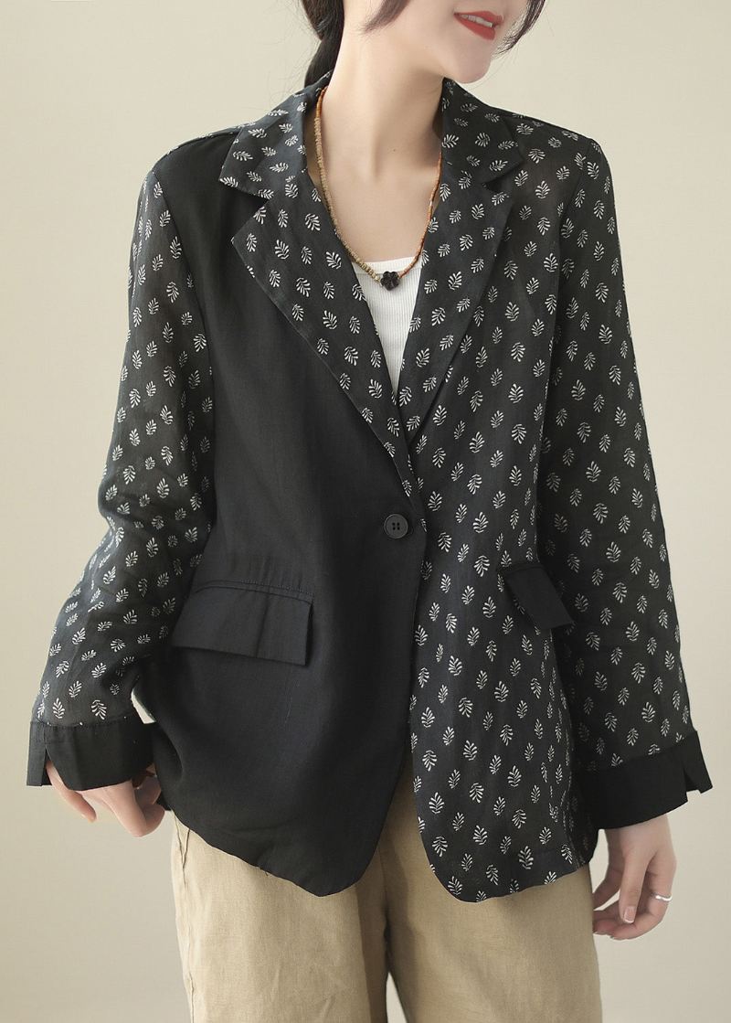 Elegant Svart Patchwork-knapp Ramie Coat Spring