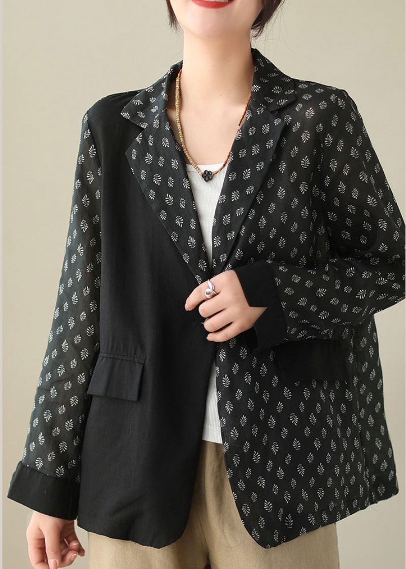 Elegant Svart Patchwork-knapp Ramie Coat Spring - Svart