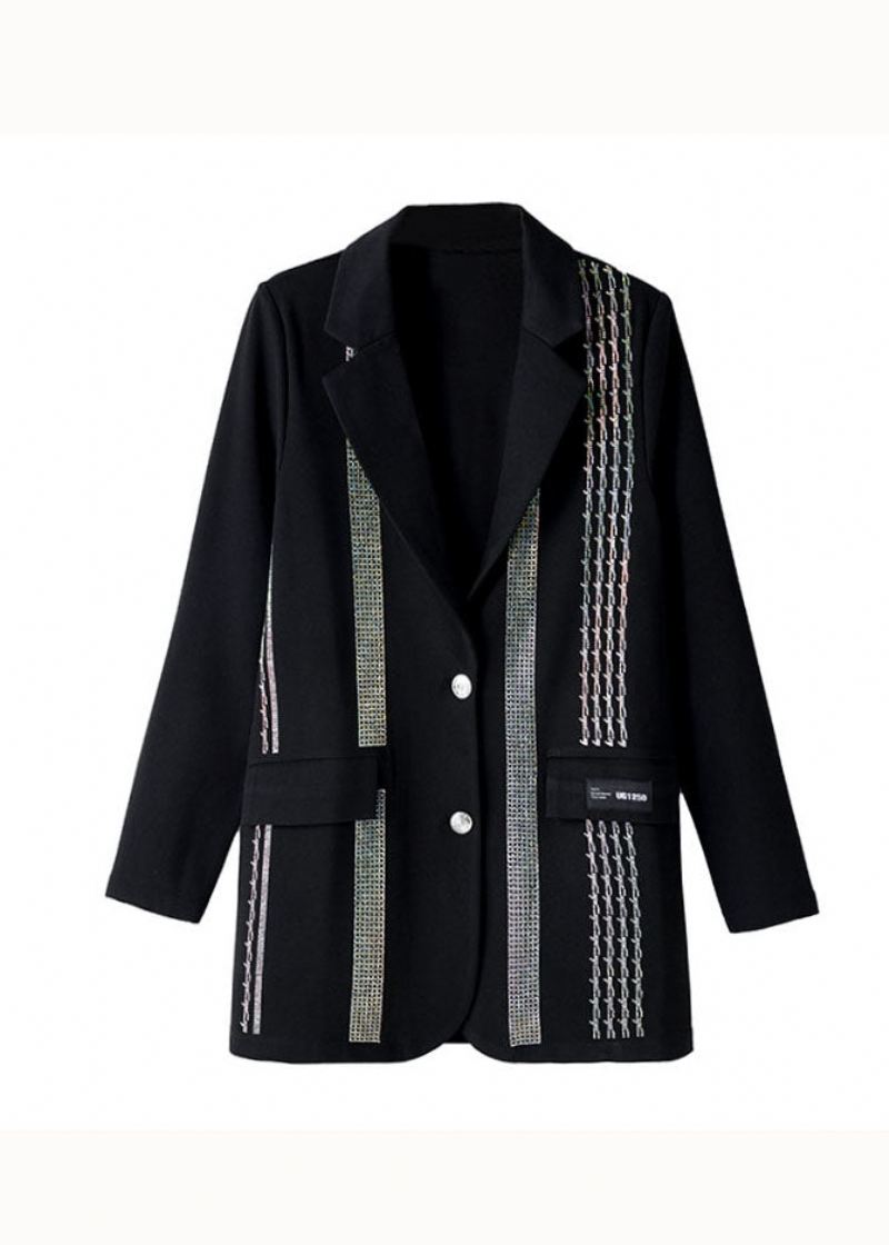 Elegant Svart Peter Pan Krage Zircon Patchwork Cotton Coat Fall - Vinterfrakker for kvinner