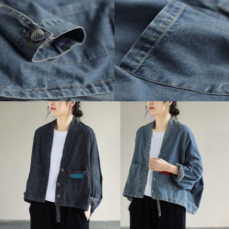 Elegant V-hals Button Down Spring Klær Mote Idéer Denim Blue Coats - Blå