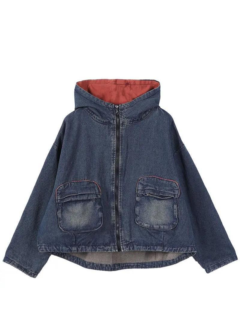 Elegante Blå Hettelommer Med Glidelås Fall Denim Coat Langermet - Vinterfrakker for kvinner