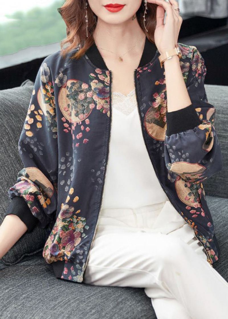 Elegante Mørkegrå Zip Up Print Lommer Patchwork Silk Coats Høst