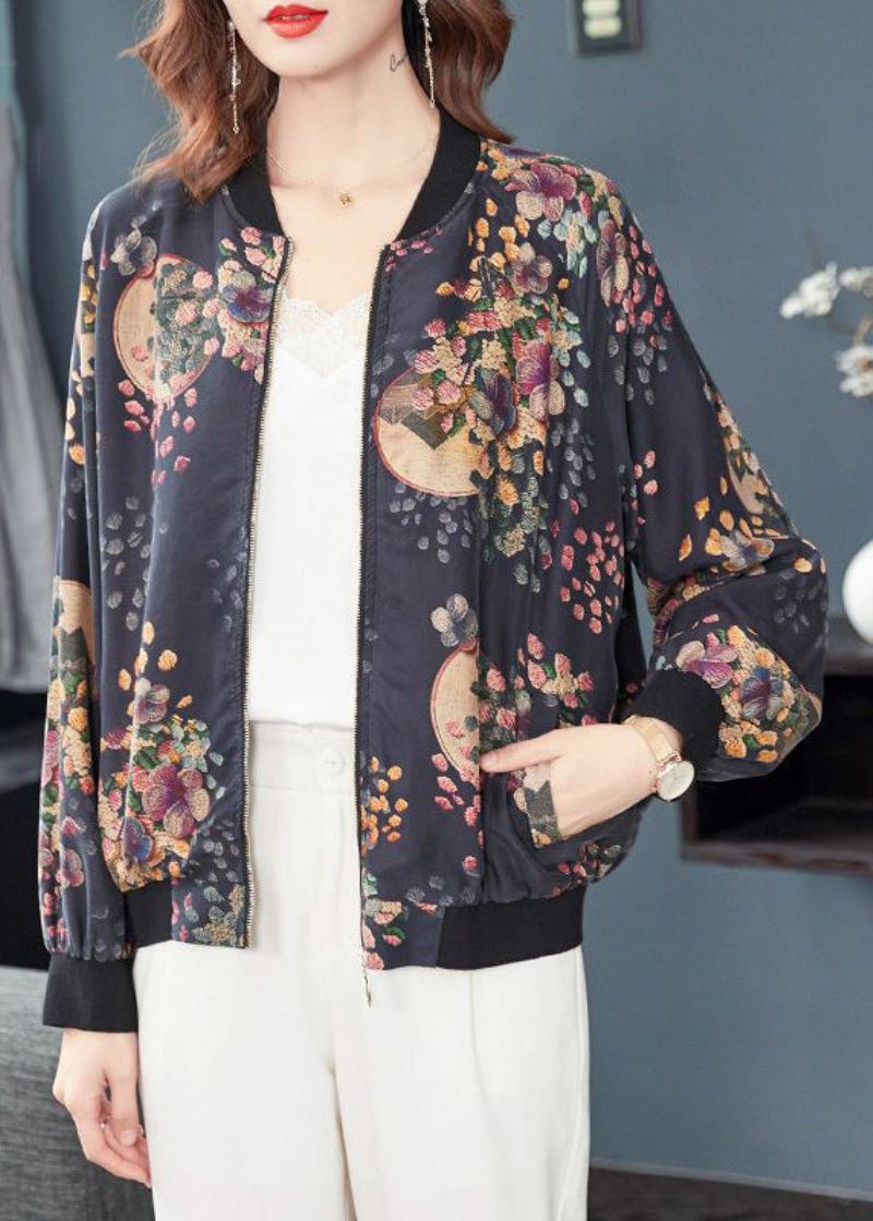 Elegante Mørkegrå Zip Up Print Lommer Patchwork Silk Coats Høst - Vinterfrakker for kvinner