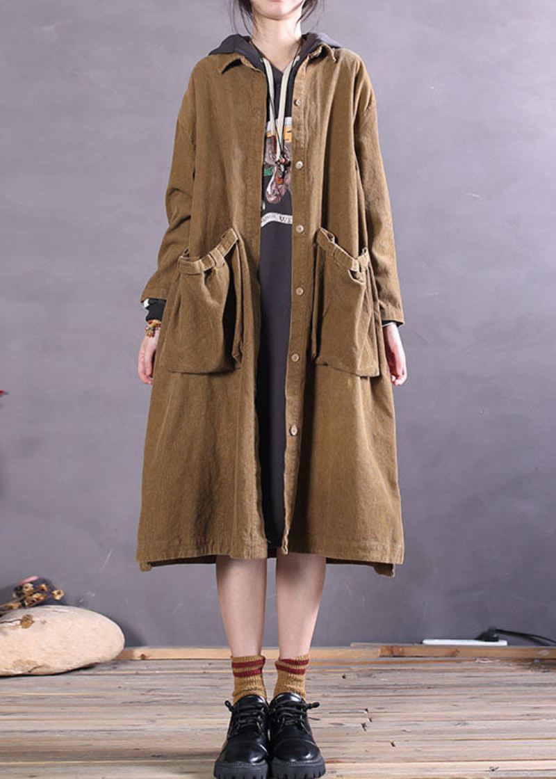 Enkel Khaki Button Side Åpen Corduroy Coats Spring