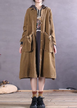 Enkel Khaki Button Side Åpen Corduroy Coats Spring