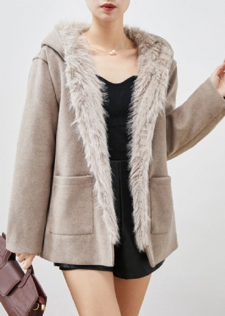 Enkel Khaki Hettelommer Ullfrakk Fuzzy Fox Lined Winter