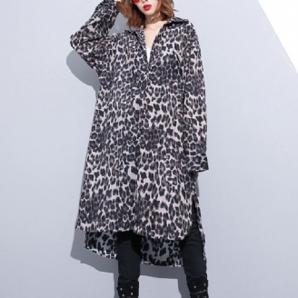 Fashion Black Leopard Plus Size Frakk Turn-down Collar Baggy Coat