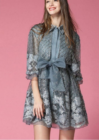 Fashion Grey Organza Patchwork Hollow Out Bow Midje Fall Half Sleeve Coat