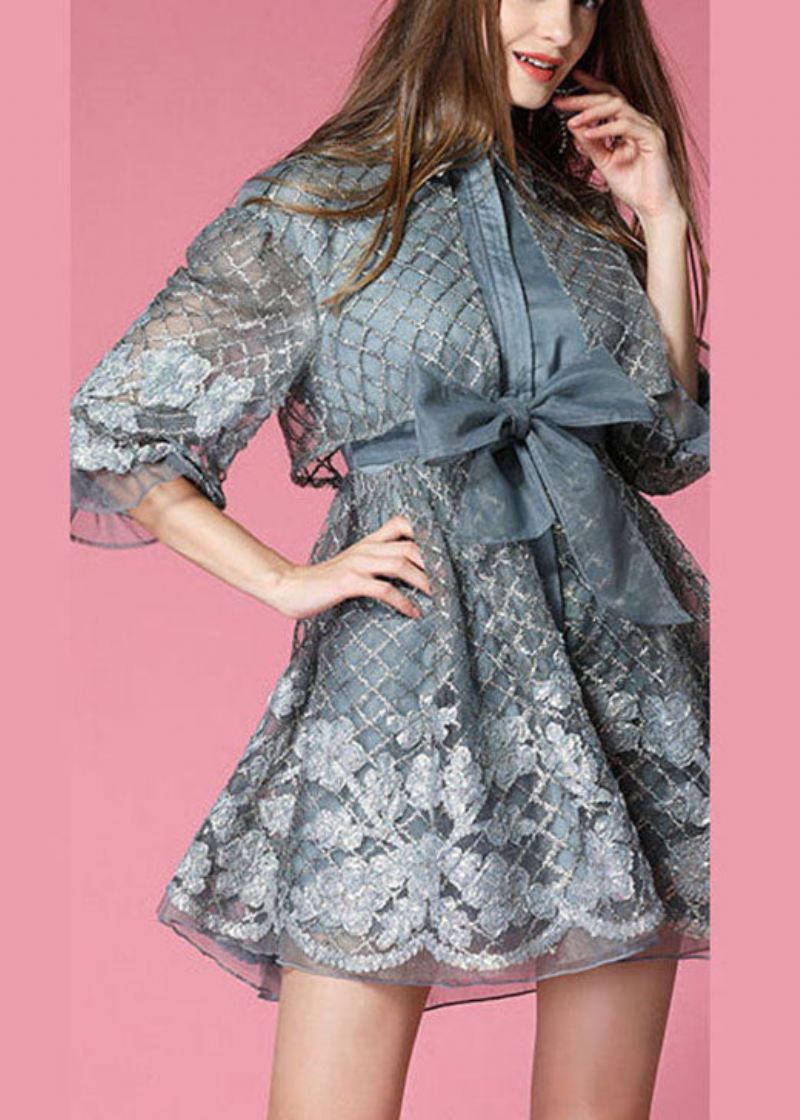 Fashion Grey Organza Patchwork Hollow Out Bow Midje Fall Half Sleeve Coat - Grå