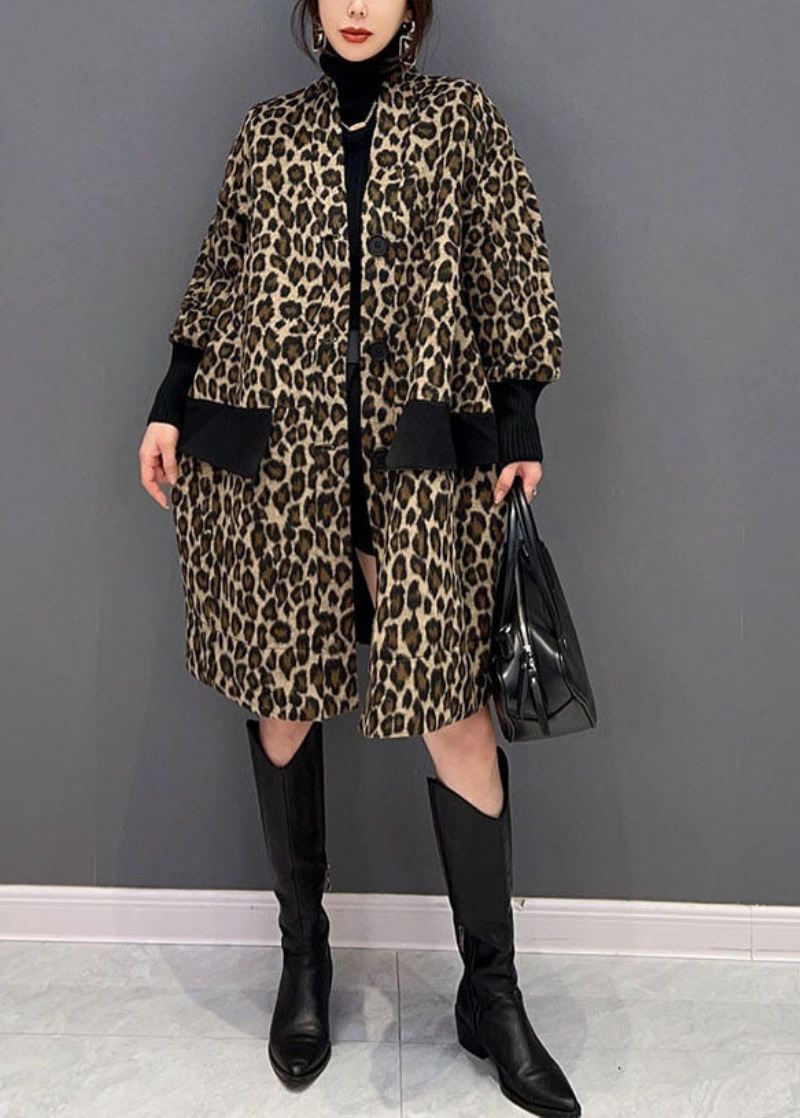 Fin Sjokolade V-halslommer Patchwork Leopard Cotton Trench Spring