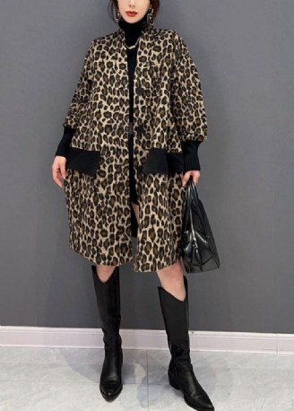 Fin Sjokolade V-halslommer Patchwork Leopard Cotton Trench Spring