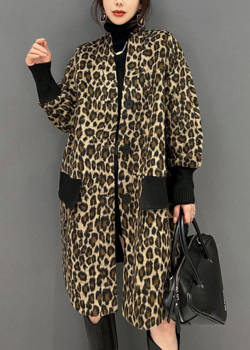 Fin Sjokolade V-halslommer Patchwork Leopard Cotton Trench Spring - Vinterfrakker for kvinner